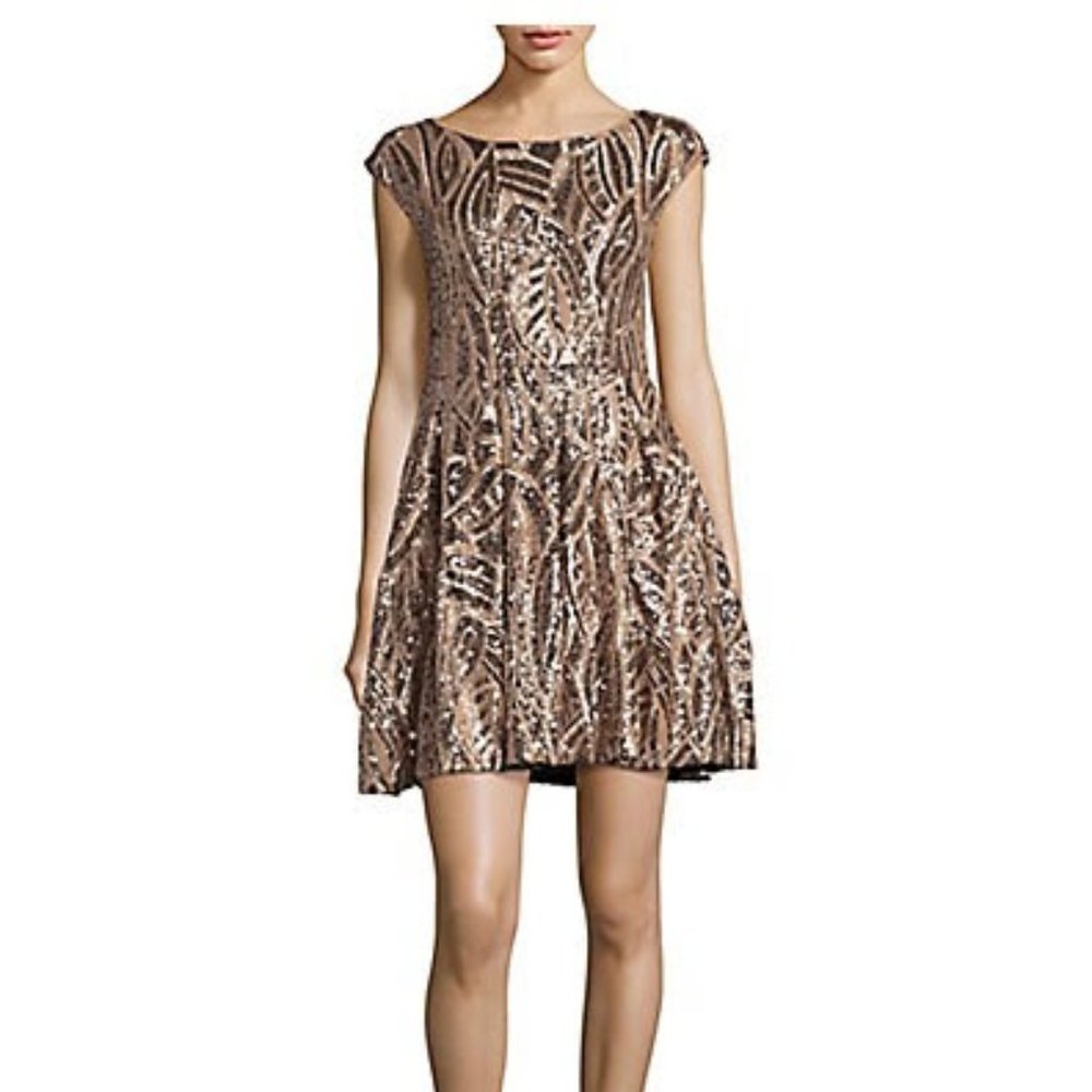 Belle Badgley Mischka Gold Sequin Fit and Flare Dress in Size 4
